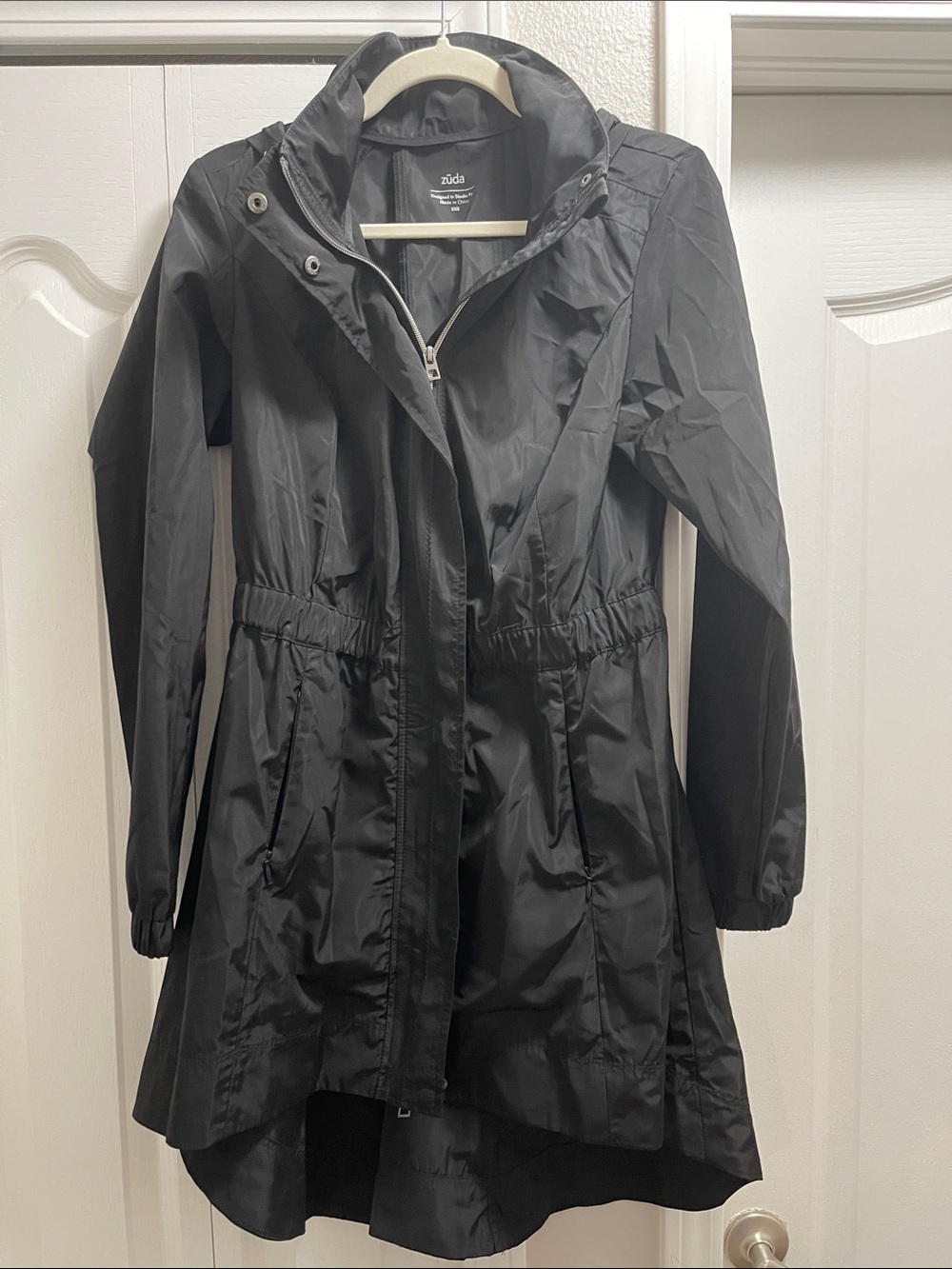 zuda Black Hooded Lightweight Trench Raincoat
